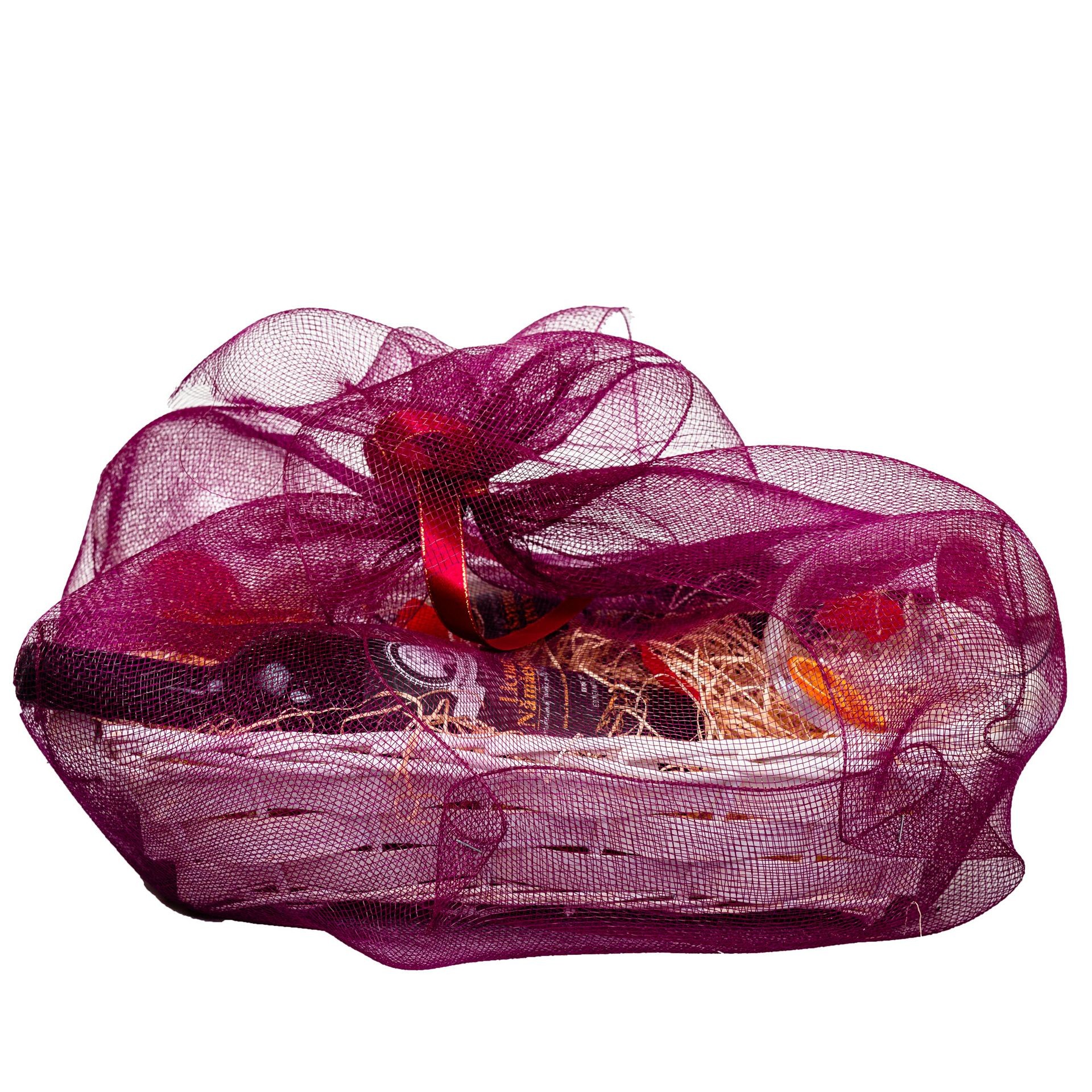 Purple net gift basket containing a wine bottle and other items, wrapped with a red ribbon.
